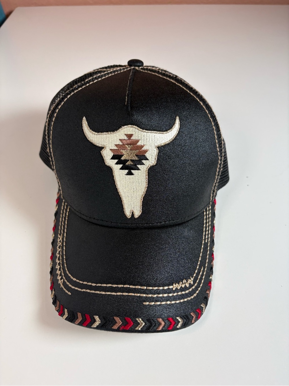 Cruel Denim Women’s Western Trucker Hat Black Aztec Longhorn Skull Snapback Cap